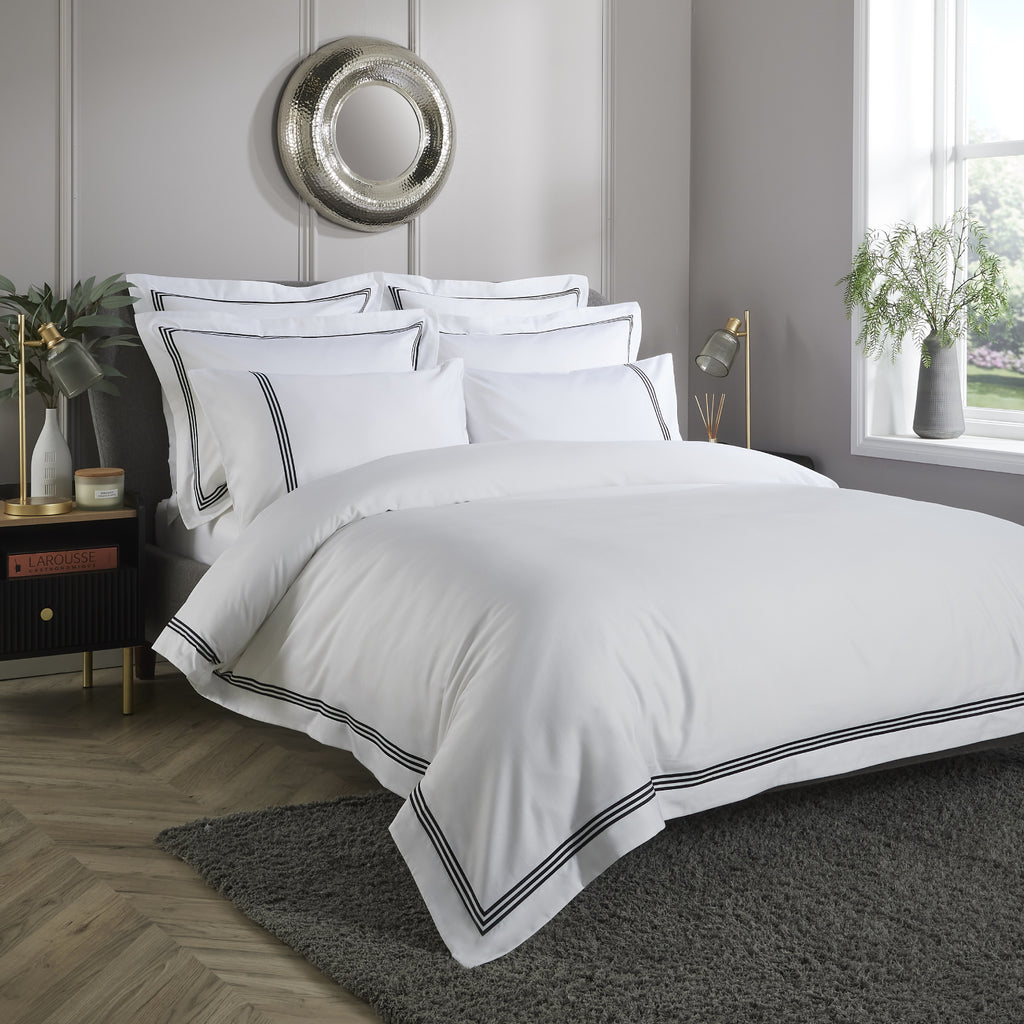 White 800 Thread Count Duvet Cover with Black Triple Row Cord Embroidery