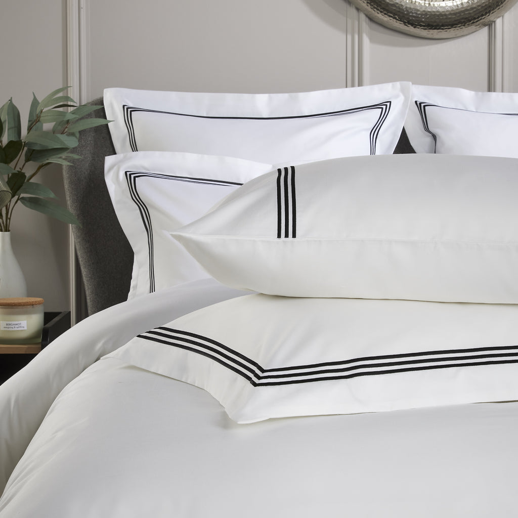 White 800 Thread Count Standard Pillowcase Pair with Black Triple Row Cord Embroidery