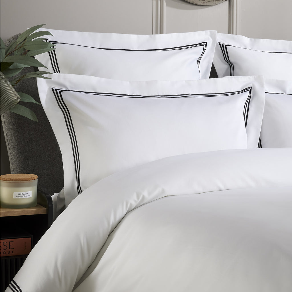 White 800 Thread Count Oxford Pillowcase Pair with Black Triple Row Cord Embroidery