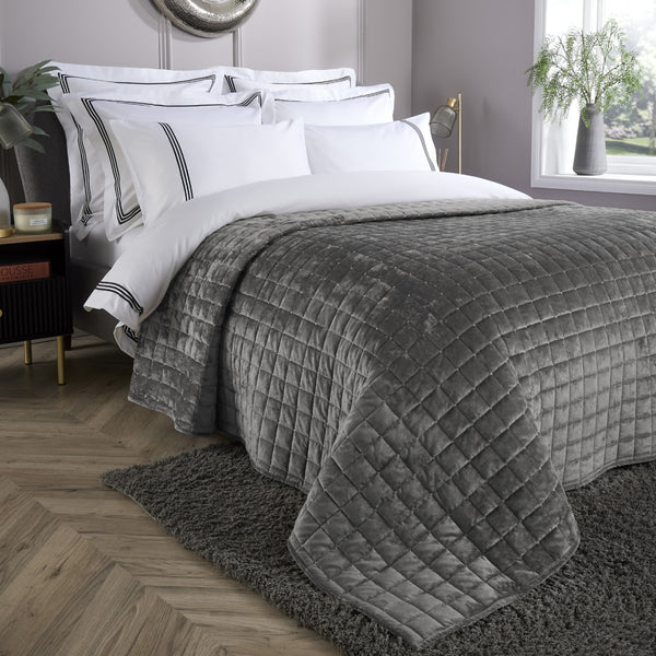 Grey Quilted Velvet Double Sided Bedspread