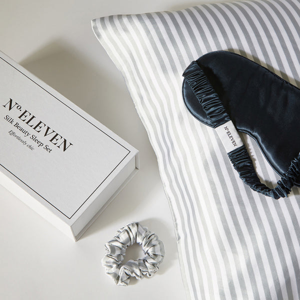 Navy, Grey & White Stripe 100% Mulberry Silk Luxuriously Smooth 3 Piece Gift Set