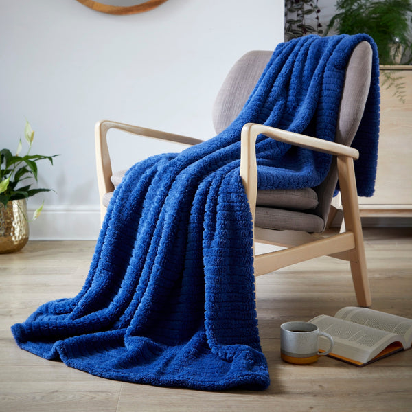 Navy Fluffy Ribbed Textured Throw