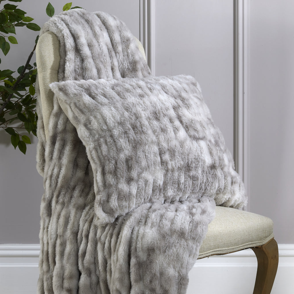 Grey Ruffled Faux Fur Throw